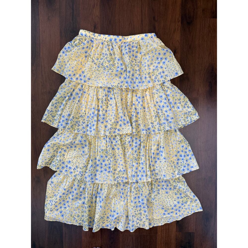 Abercrombie & Fitch Butter Yellow Floral Tiered Maxi Skirt Sz M Prairie Cottage